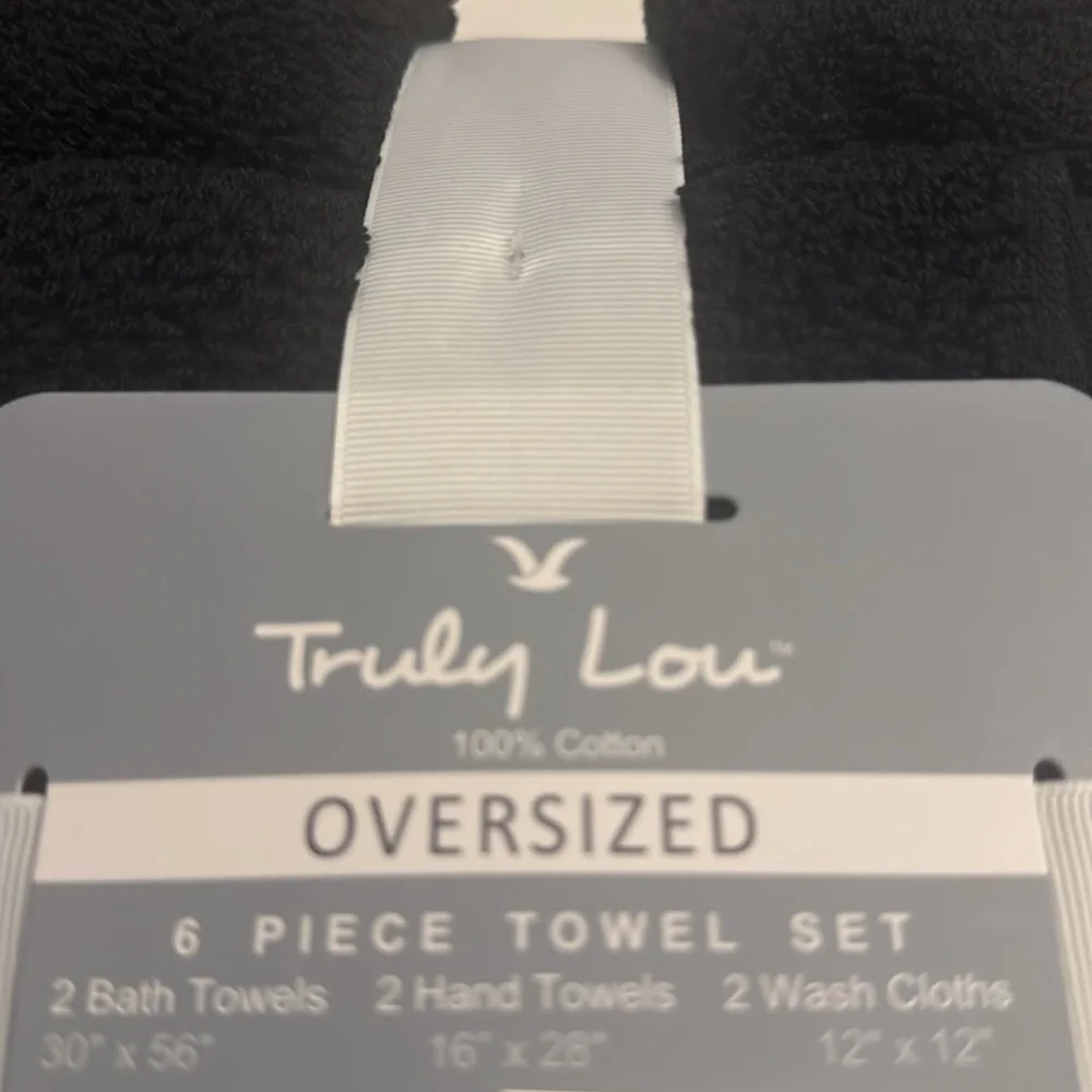 6pc TRULY LOU Oversized 100% Cotton Bath Towel Set - Bundle - Caviar/White